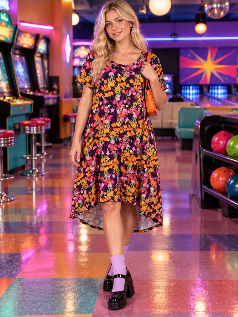 Floral High-Low Short Sleeve Dress in Orange & Pink